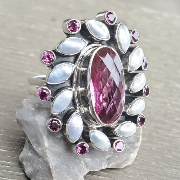 New NB Nicky Butler 925 Sterling Silver Pink Quartz Garnet Pearl Size 6 Ring - Picture 9 of 12